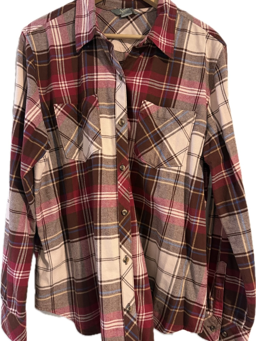 Natural Reflections Plaid Button-Down Shirt in Burgundy, Pink and Cream